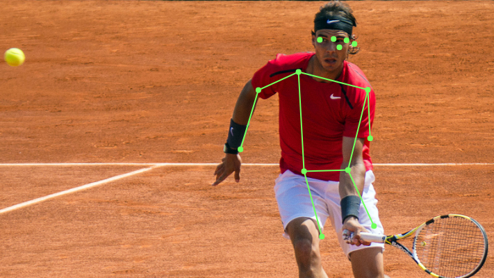 Rafael Nadal hitting a tennis ball. His figure is outlined by a machine learning model.