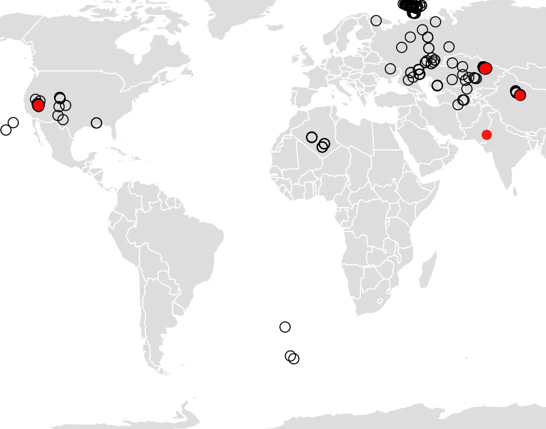 A map of all of the nuclear explosions that have occured on Earth