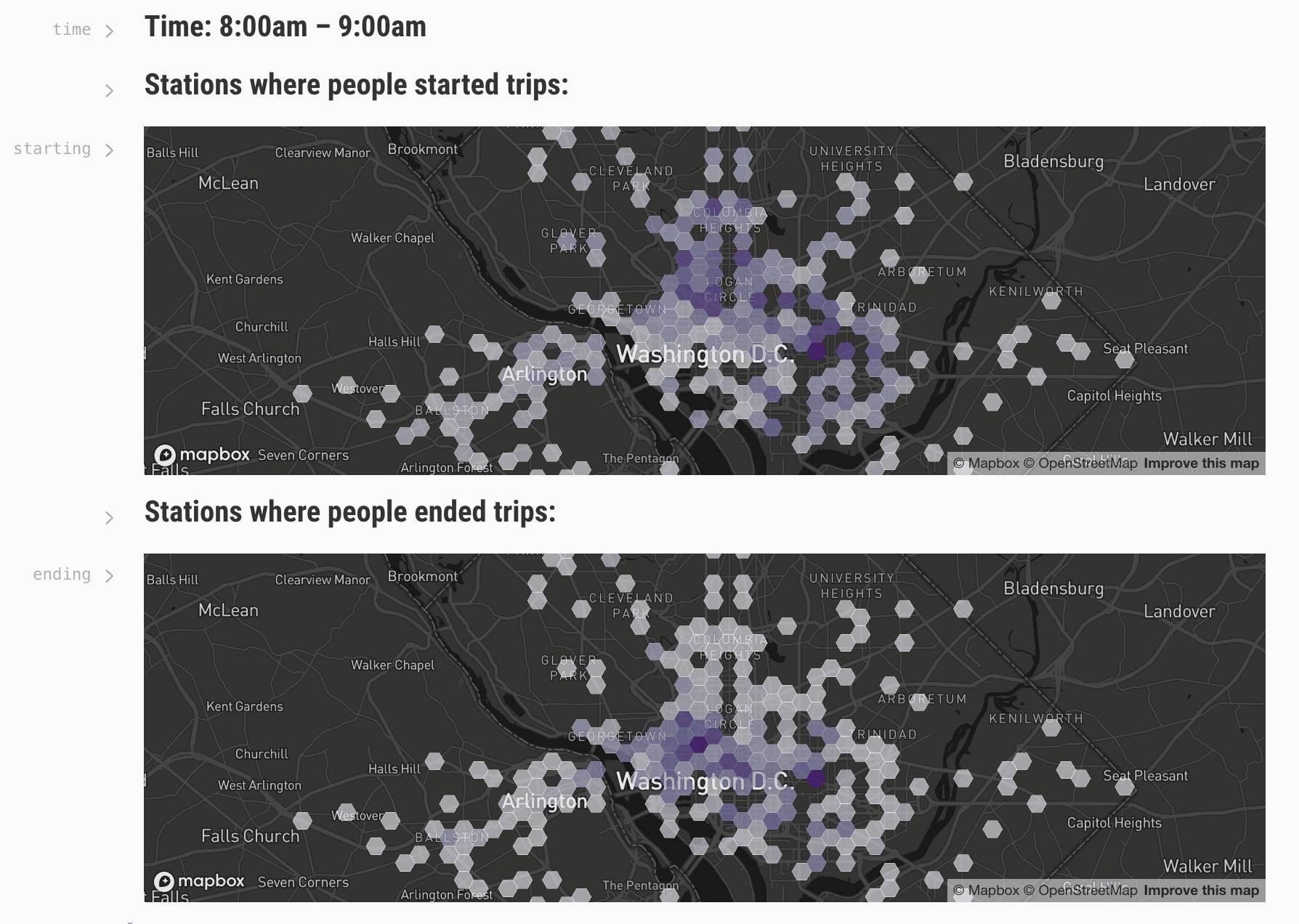 A hexbin map data visualization showing where people took Capital Bikeshare rides in 2017