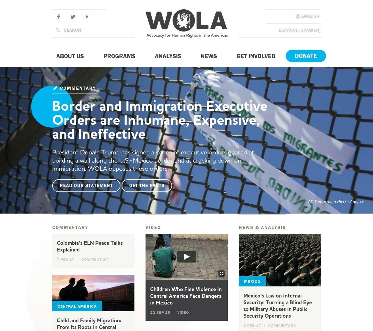 A screenshot of WOLA's newly designed website homepage
