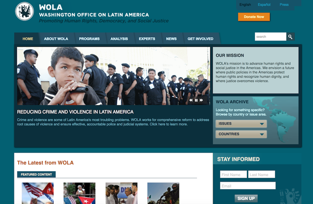 A screenshot of WOLA's old website homepage